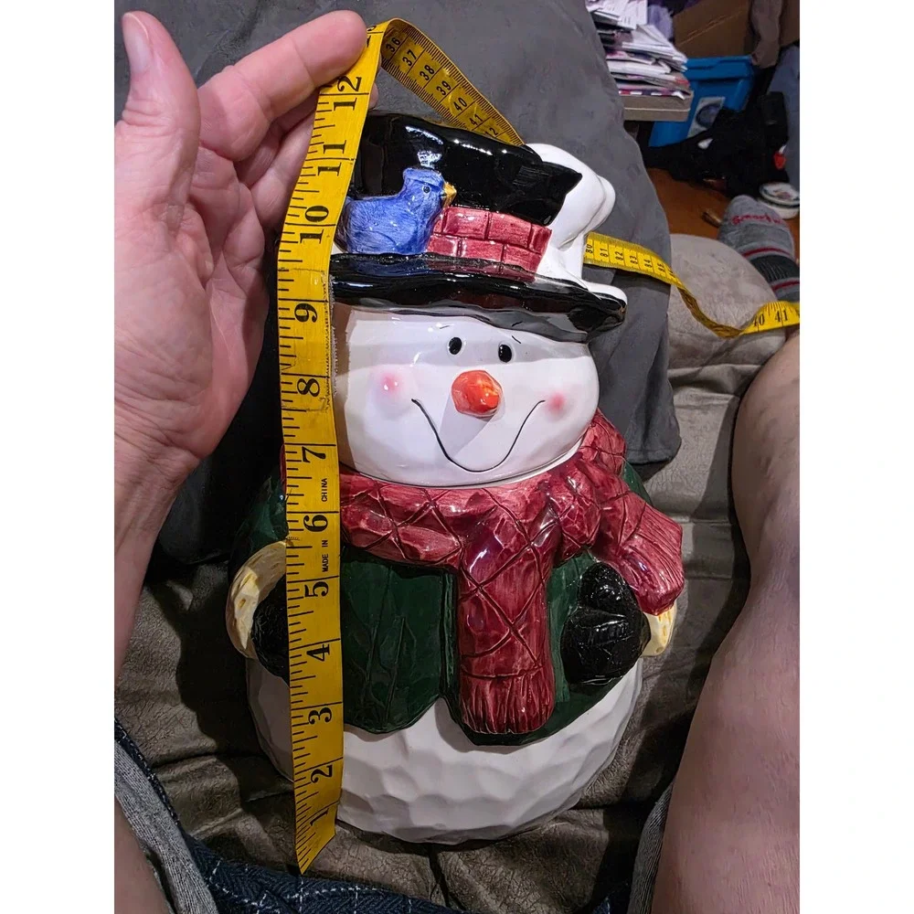 Fantasy Ltd Christmas Snowman Ceramic Cookie Jar Blue Bird Top‎ Hat Red Scarf